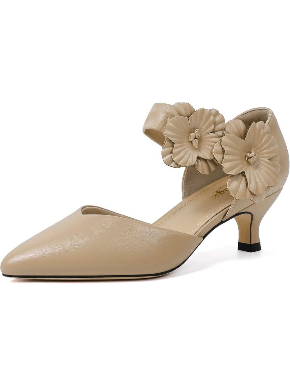 Women's Nude Kitten Heels Closed Toe Slip On Comfortable Flower Shoes